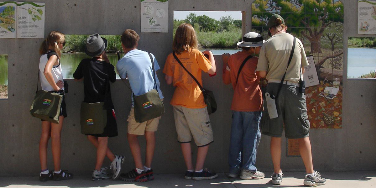Children viewing Observation Pond through Bird Blind